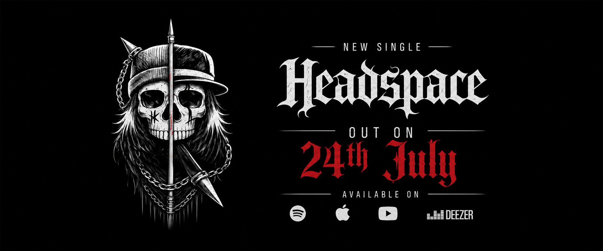 Headspace promo artwork: an illustrated skull with chains, the single title, and its 24 July release date